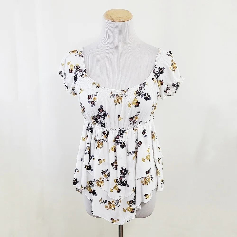 Free People short sleeve floral peasant top white yellow black size small